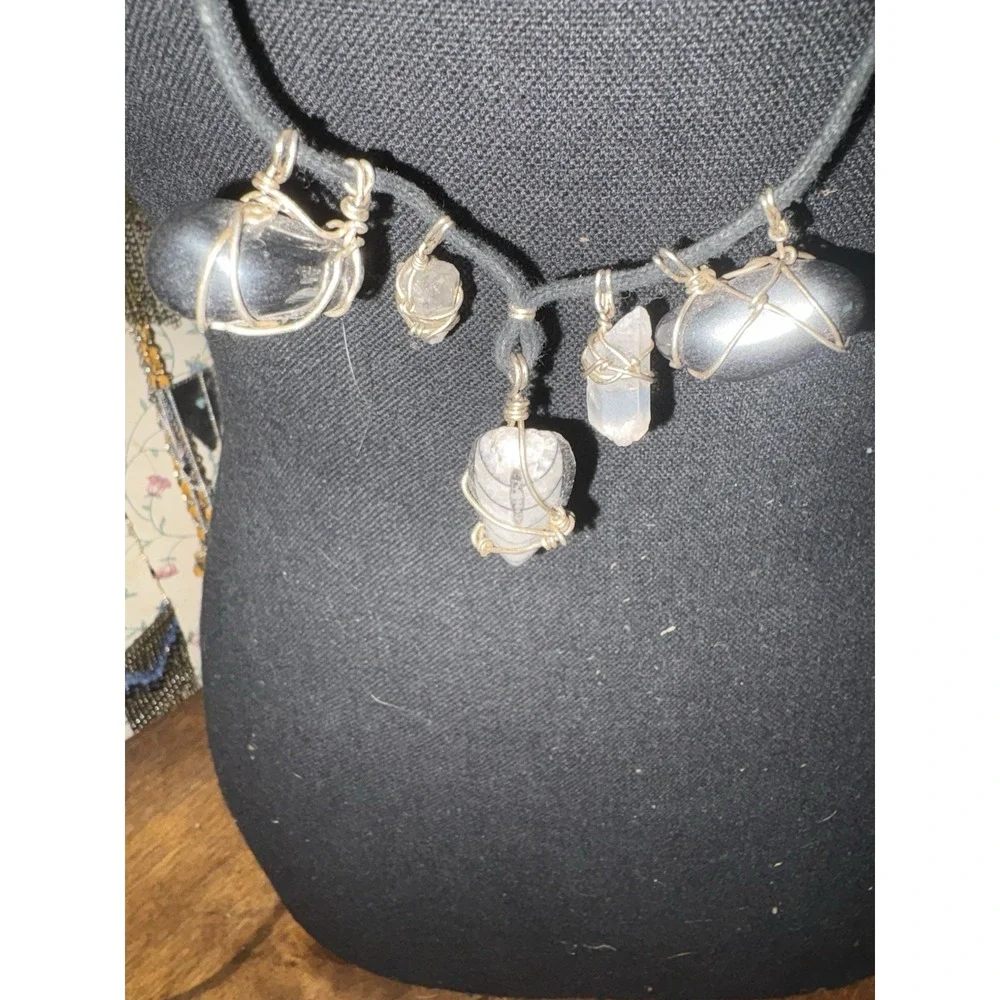 Boho Necklace Set Gray Tassel Wire Wrapped Stone Pendant Layered Jewelry Duo